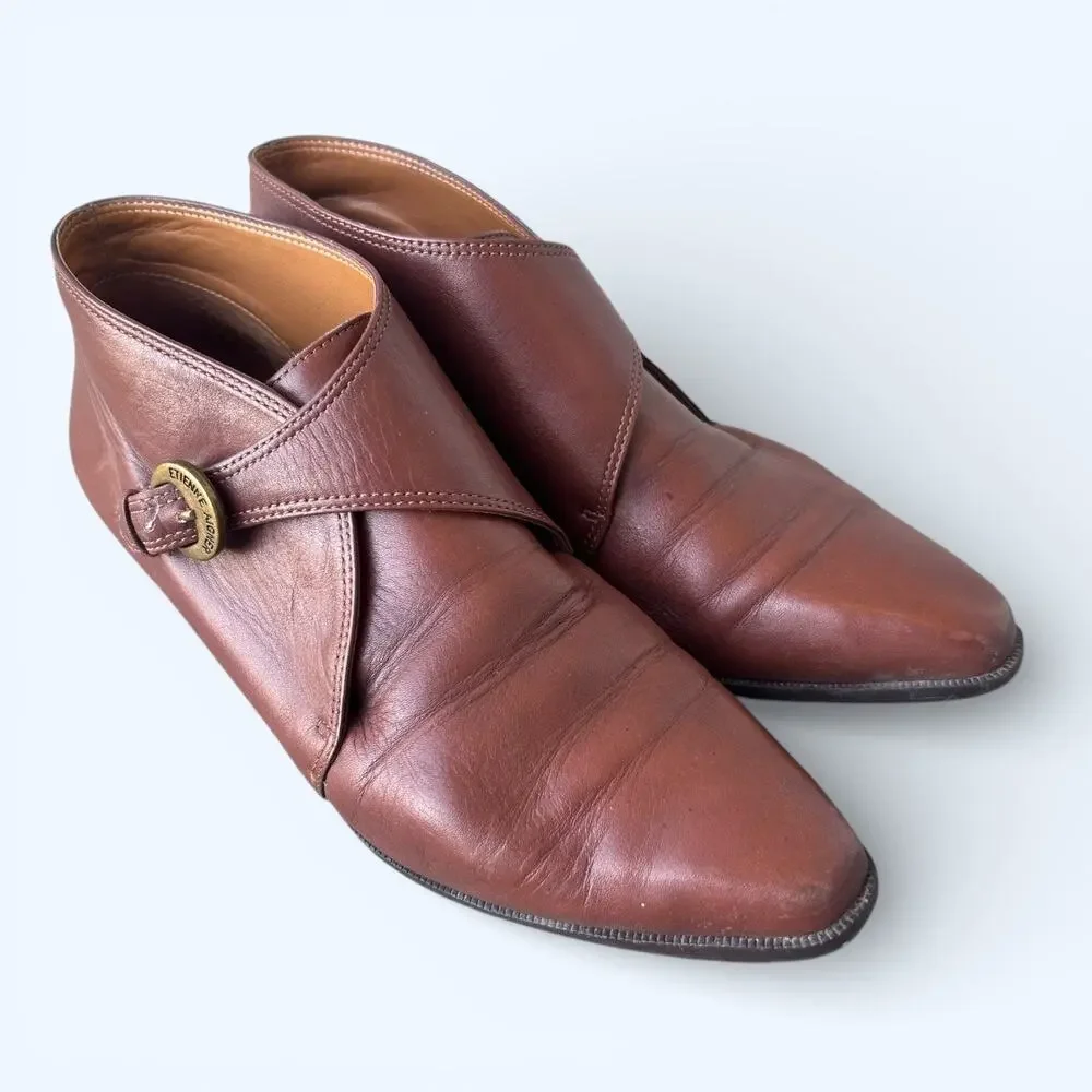 Vintage 80s Etienne Aigner Brown Leather Monk Strap Ankle Boots Women's 8 Wide